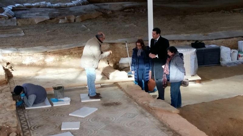 El delegado visita los trabajos de restauración de los mosaicos romanos de Camarzana
