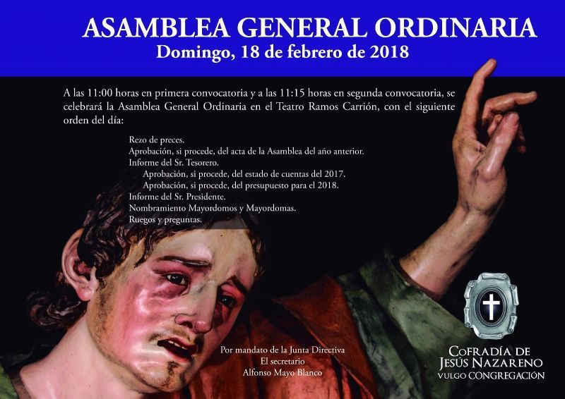 AGENDA COFRADE: La Cofradía de Jesús Nazareno programa los actos de cuaresma y la Asamblea Genera Ordinaria Semana Santa 2018