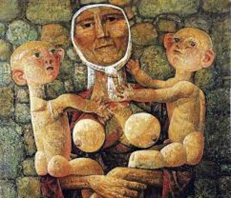 Sanabresa con dos niños (fragmento de un cuadro de Antonio Pedrero)