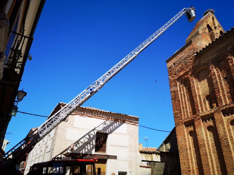 Los bomberos de Zamora intervienen en Toro para rescatar un polluelo de cigüeña con problemas para volar