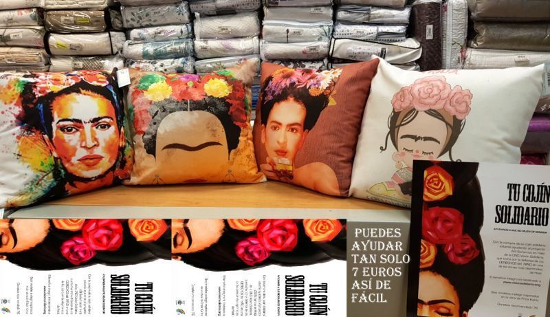 No te quedes sin tu cojín de Frida Kahlo, puedes comprarlo en Zamora para ayudar a la ONGD Visión Solidaria a actuar en Guinea Bissau, Haití y España