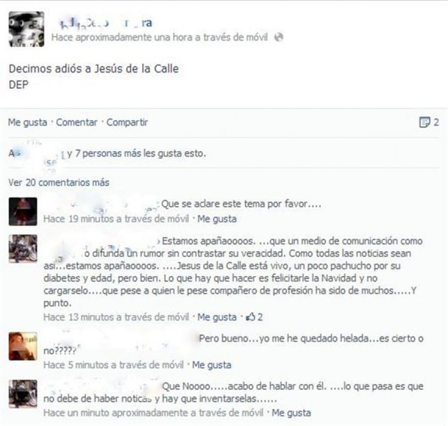 Pantallazo tomado de las redes sociales donde se recogía la falsa muerte del conocido fotógrafo