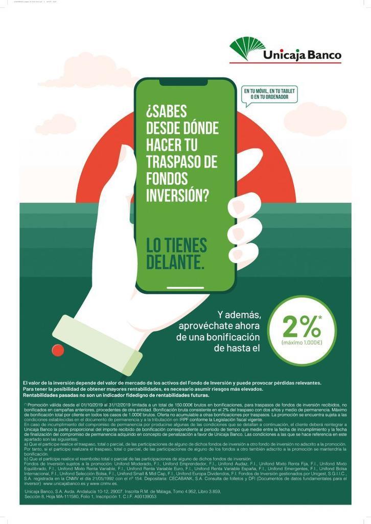 Unicaja Banco incentiva a los clientes que traspasen sus fondos de inversión desde otras entidades financieras con una bonificación del 2%