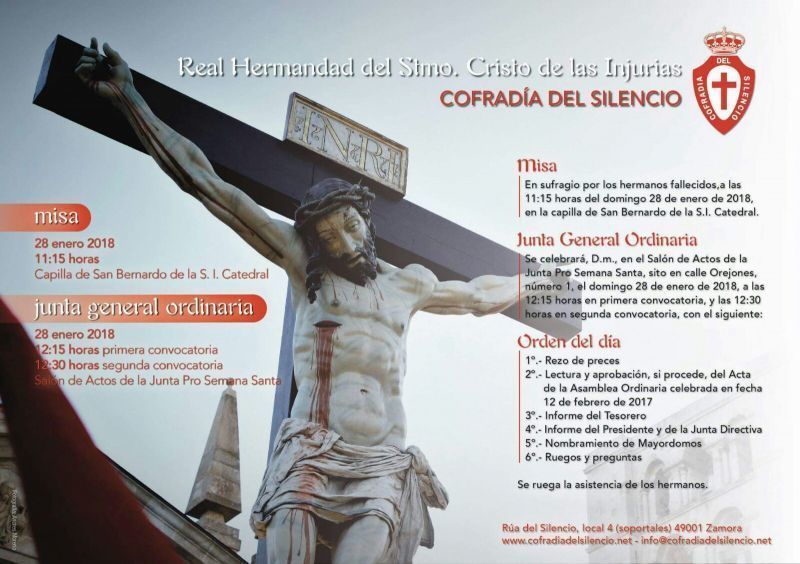 La primera Junta General Ordinaria de las Cofradías y Hermandades de Semana Santa 2018 la celebrará la Cofradía del Silencio el 28 de enero