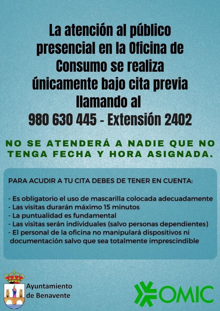 La atención presencial de la Oficina Municipal de información al consumidor de Benavente se realizará con cita previa