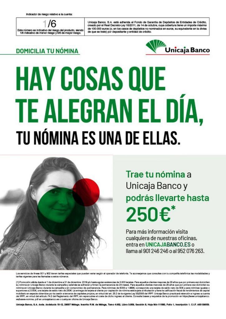 Unicaja Banco vuelve a bonificar la domiciliación de nómina con una tarjeta de hasta 250 euros