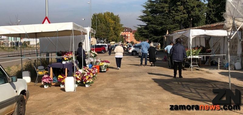 Toma de posiciones para la venta de flores en la entrada del Cementerio de San Atilano para el día de los Santos, los precios de los crisantemos entre 6 y 10€