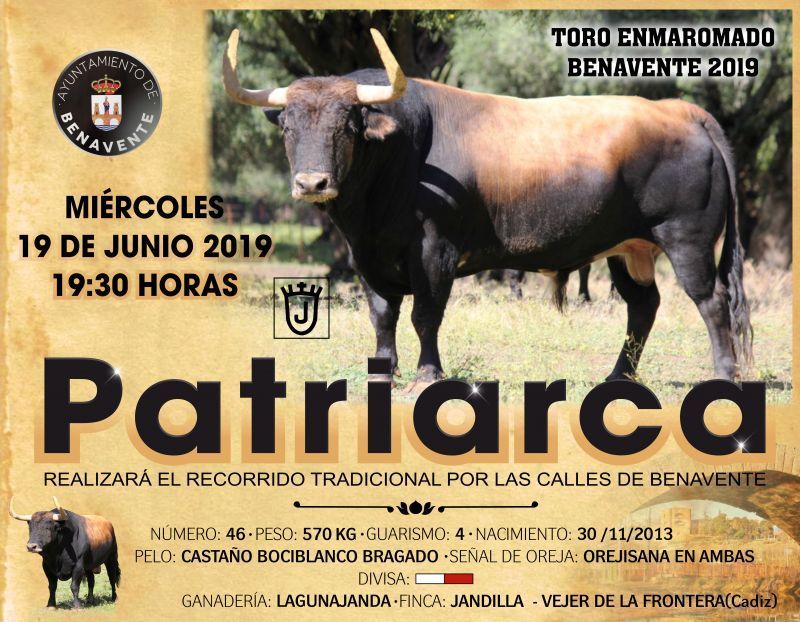 Patriarca un astado criado en la finca de Jandilla en Vejer de la Frontera hará los honores como enmaromado este 2019